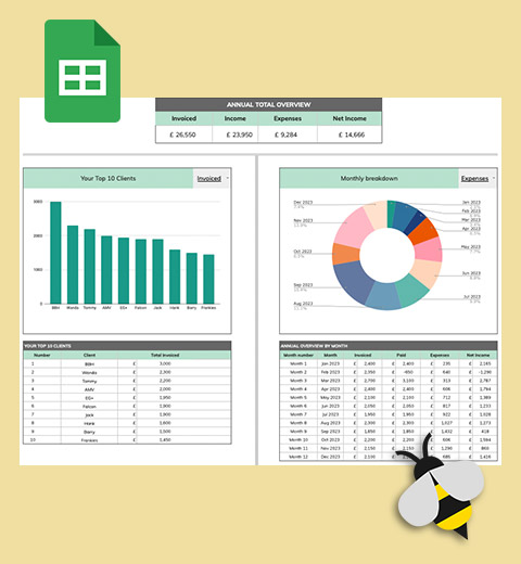 A screenshot of the Invoice Tracker dashboard along with a Google sheets icon and the Beeswax Finance bee logo